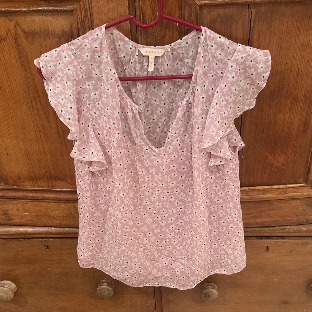 Rebecca Taylor Floral Pink Blouse with Ruffle Sleeves